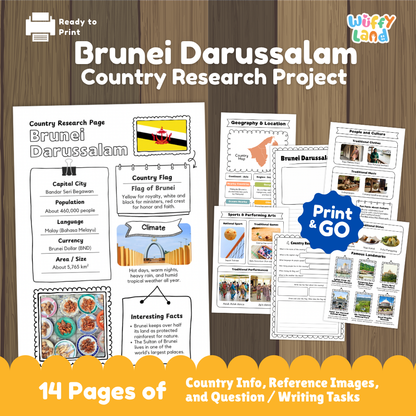 Student country research worksheet on Brunei Darussalam featuring national flag, Bandar Seri Begawan capital city facts, climate, and geography map