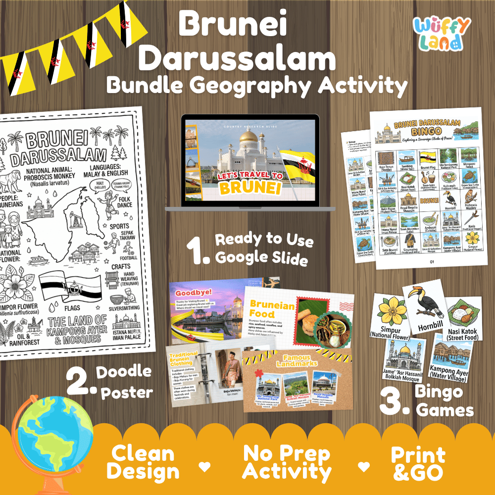 Complete Brunei Darussalam geography activity bundle featuring Google Slides, doodle coloring poster, and classroom bingo games 🇧🇳🎒