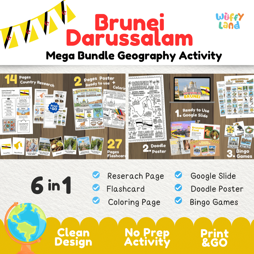 Complete Brunei Darussalam geography activity bundle featuring Google Slides, doodle coloring poster, and classroom bingo games 🇧🇳🎒