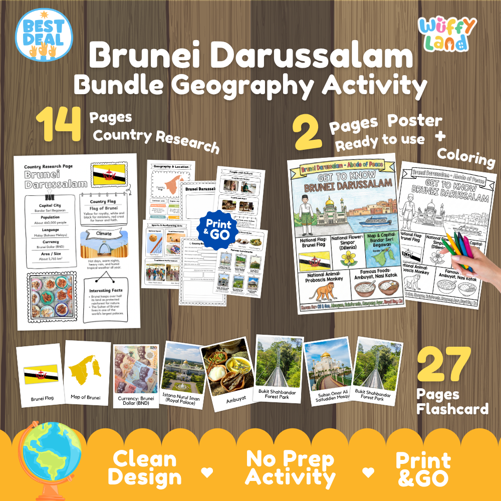 Brunei Darussalam geography activity bundle cover showing 14 country research pages, 2 ready to use coloring posters, and 27 photo flashcards