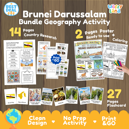 Brunei Darussalam geography activity bundle cover showing 14 country research pages, 2 ready to use coloring posters, and 27 photo flashcards