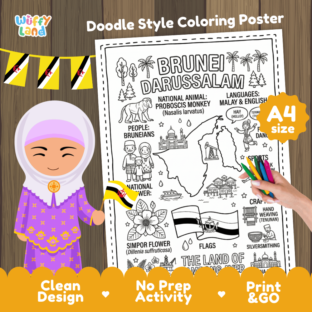 Printable A4 doodle coloring poster highlighting Brunei map, Proboscis Monkey, Simpur flower, and Istana Nurul Iman 🎨🐒