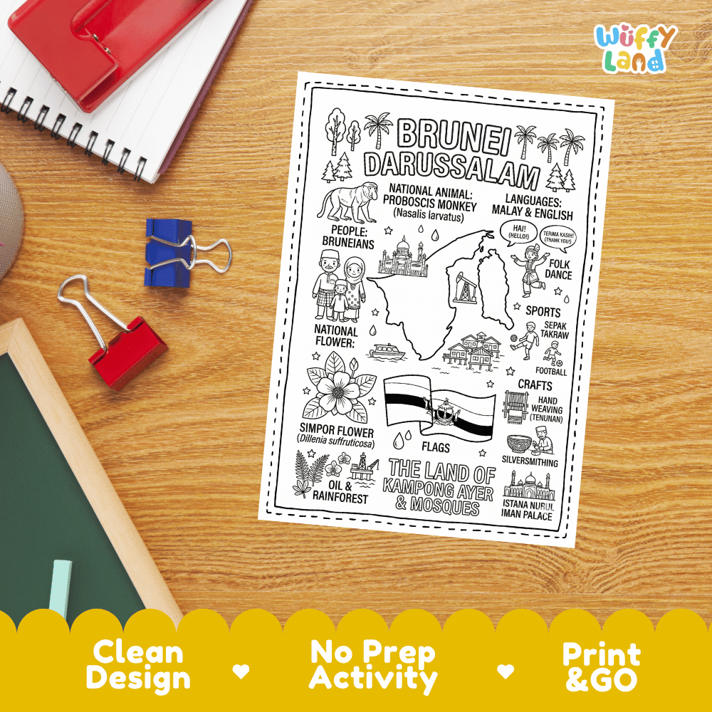 Doodle map coloring sheet showing Brunei Darussalam, golden dome mosque, Kampong Ayer water village, and oil pump