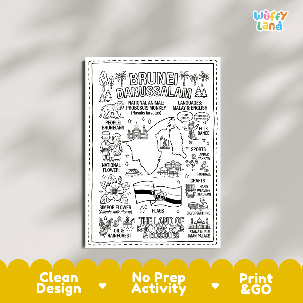 Educational activity coloring page highlighting Brunei national animal the Proboscis Monkey and Simpor flower