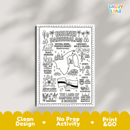 Educational activity coloring page highlighting Brunei national animal the Proboscis Monkey and Simpor flower
