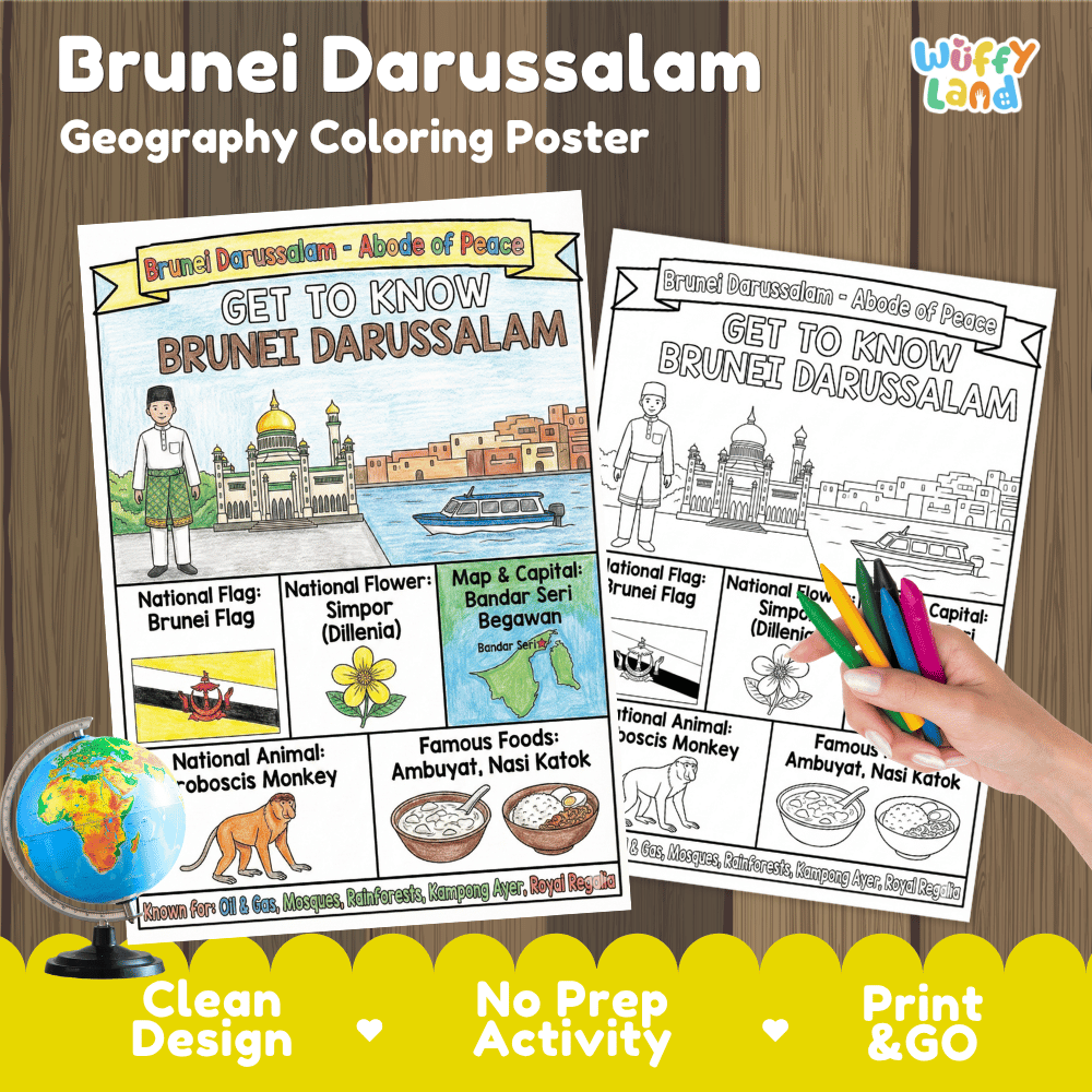 Brunei Darussalam Geography Coloring Poster and Fact Sheet Printables