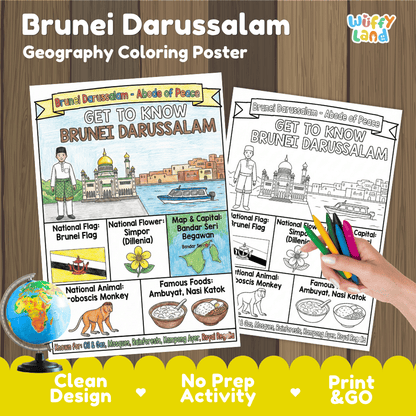 Brunei Darussalam Geography Coloring Poster and Fact Sheet Printables