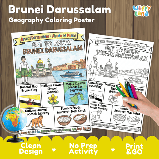 Brunei Darussalam Geography Coloring Poster and Fact Sheet Printables