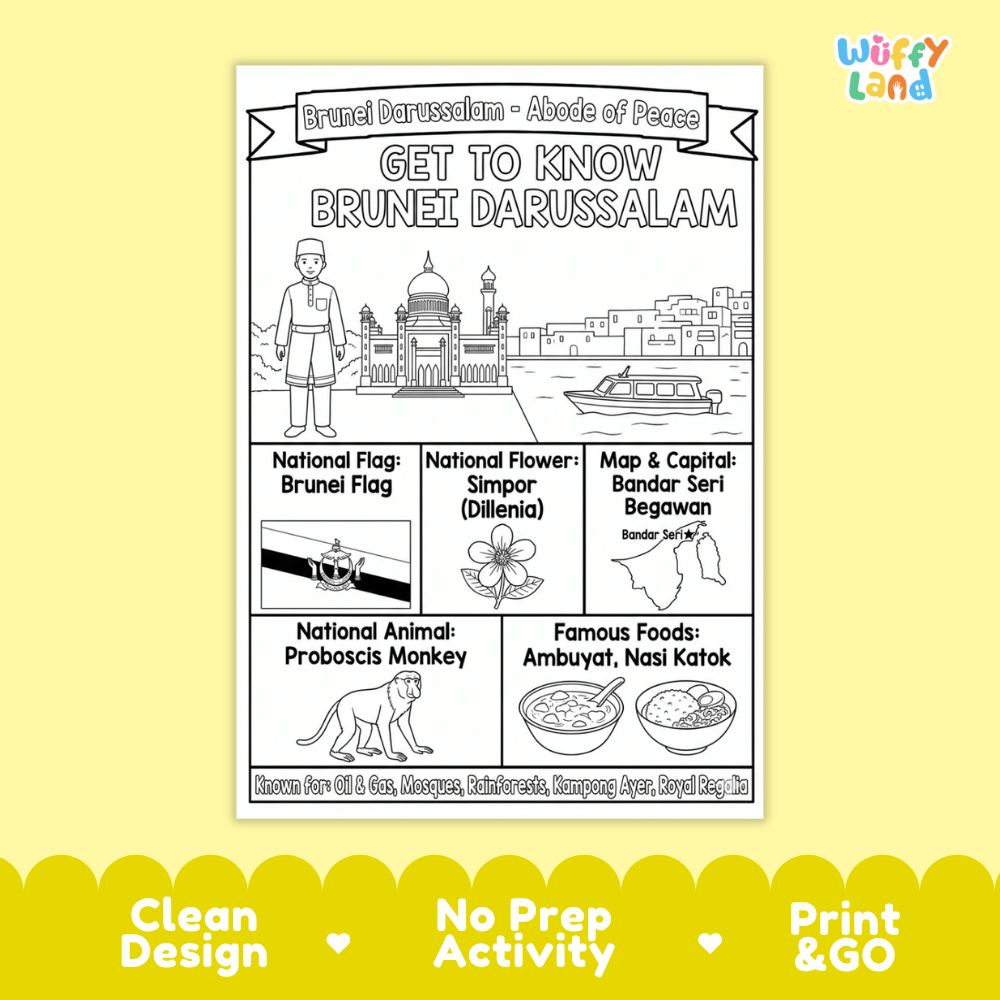 Brunei Darussalam Geography Coloring Poster and Fact Sheet Printables