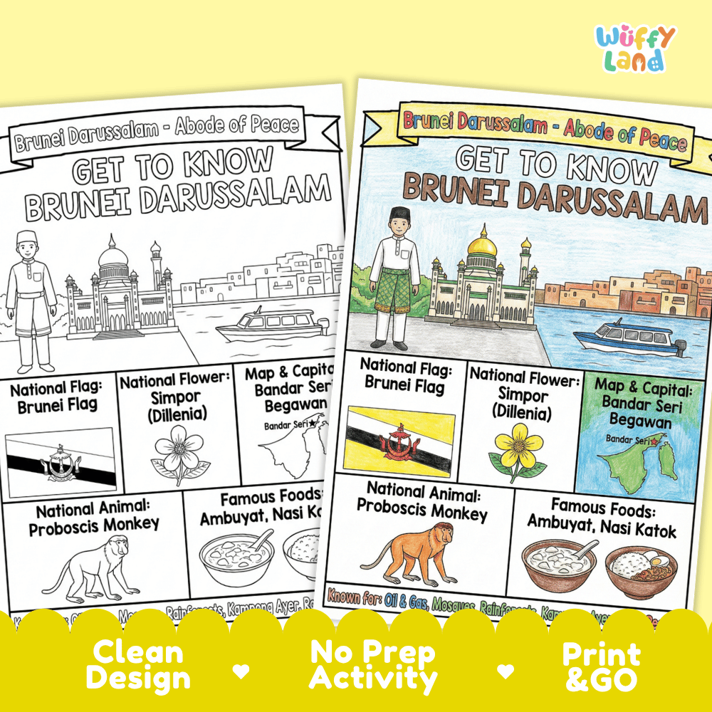 Brunei Darussalam Geography Coloring Poster and Fact Sheet Printables