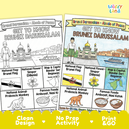 Brunei Darussalam Geography Coloring Poster and Fact Sheet Printables