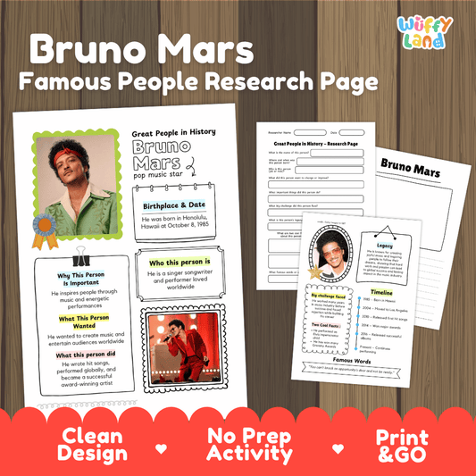 Bruno Mars biography research worksheets pack featuring graphic organizers, timeline activity, and student writing template