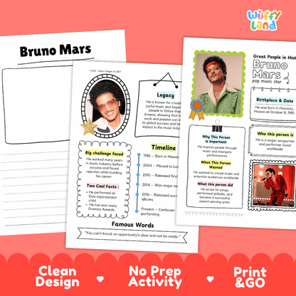 Great People in History student fact profile card detailing Bruno Mars's birthplace, musical career, and Grammy achievements