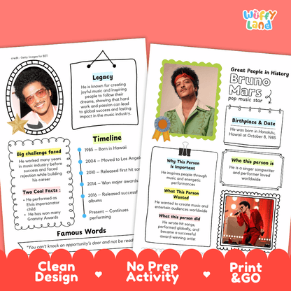 Educational biography summary worksheet featuring a chronological timeline, famous quote, and lined student writing page