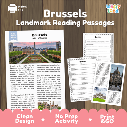 Brussels landmark reading passage and comprehension worksheet educational unit featuring nonfiction text and authentic Belgian garden architecture photography