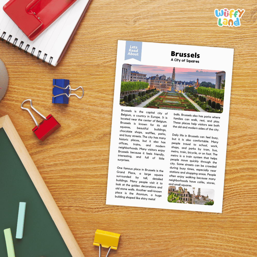 Lined reading comprehension question worksheet covering main ideas vocabulary terms and landmark facts about Brussels Belgium