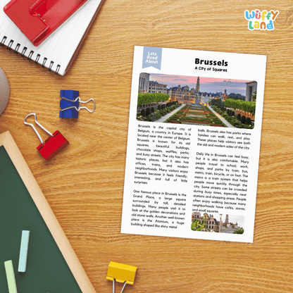 Lined reading comprehension question worksheet covering main ideas vocabulary terms and landmark facts about Brussels Belgium