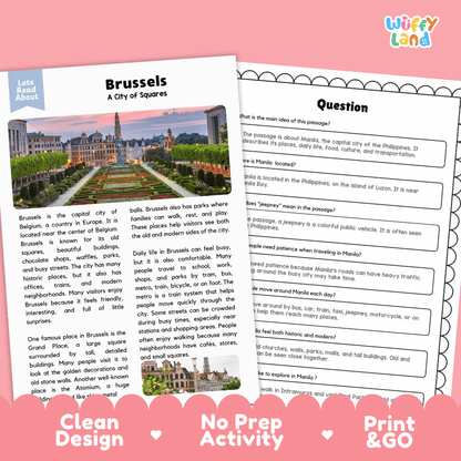 Reference sheet and answer key for Brussels landmark reading passage displaying completed comprehension answers and European geography facts