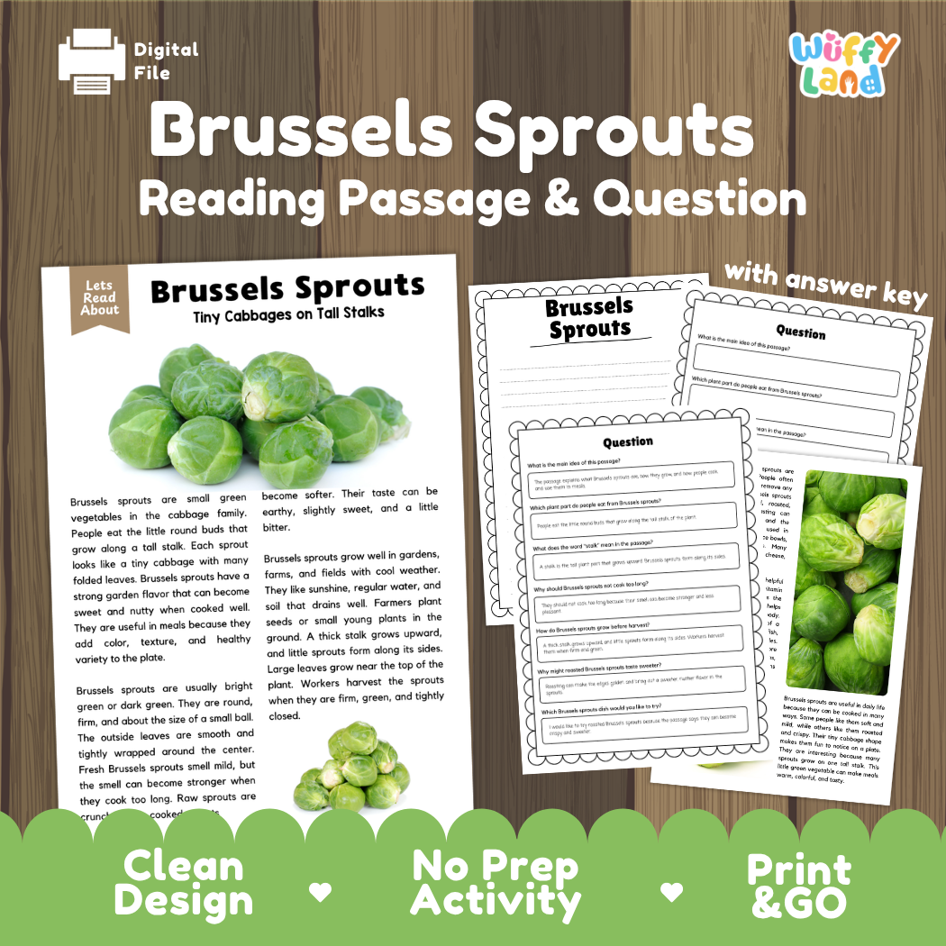 Brussels sprouts reading comprehension passage and questions printable activity pack with answer key for elementary students