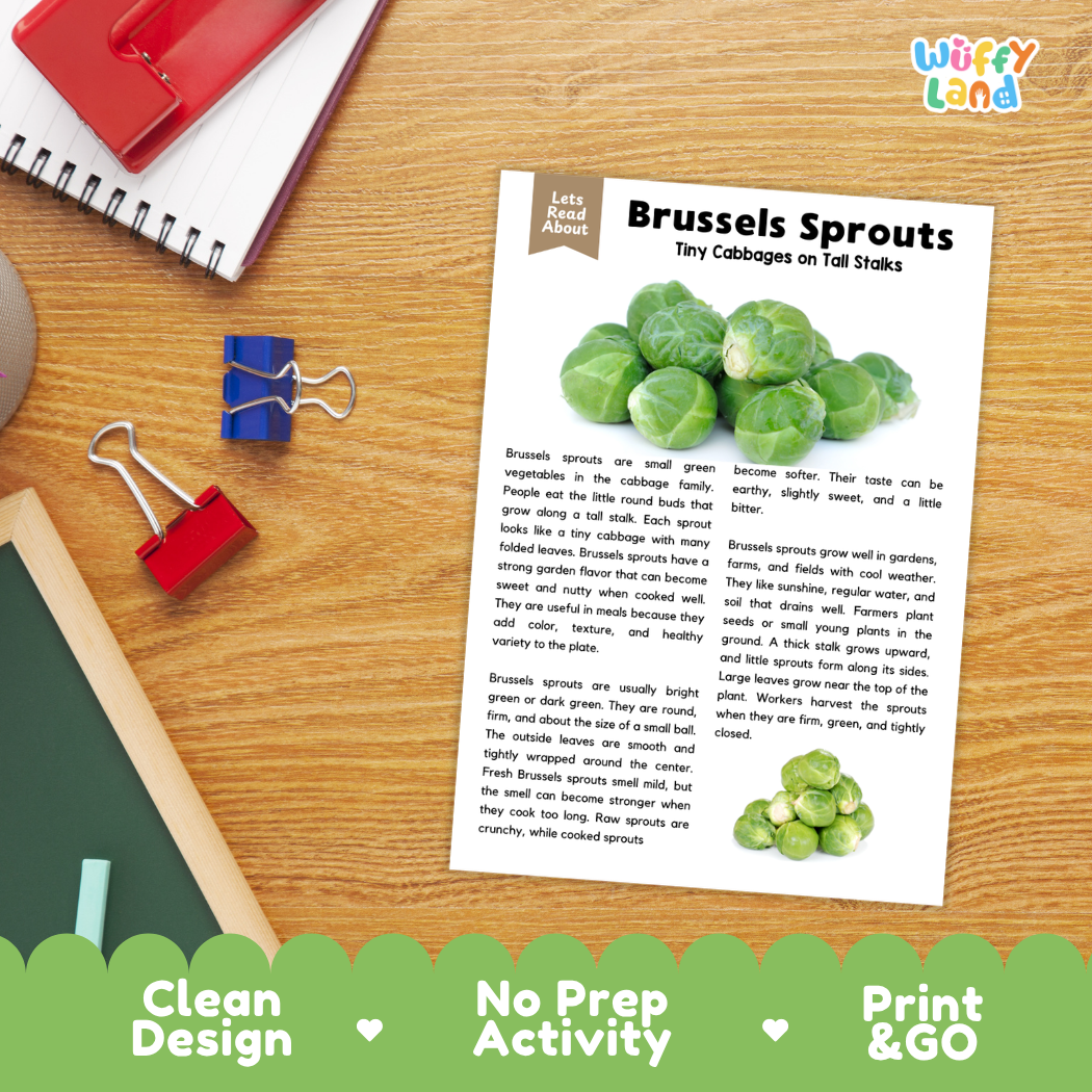 Student reading comprehension worksheet with short-answer questions and lined sections about Brussels sprouts