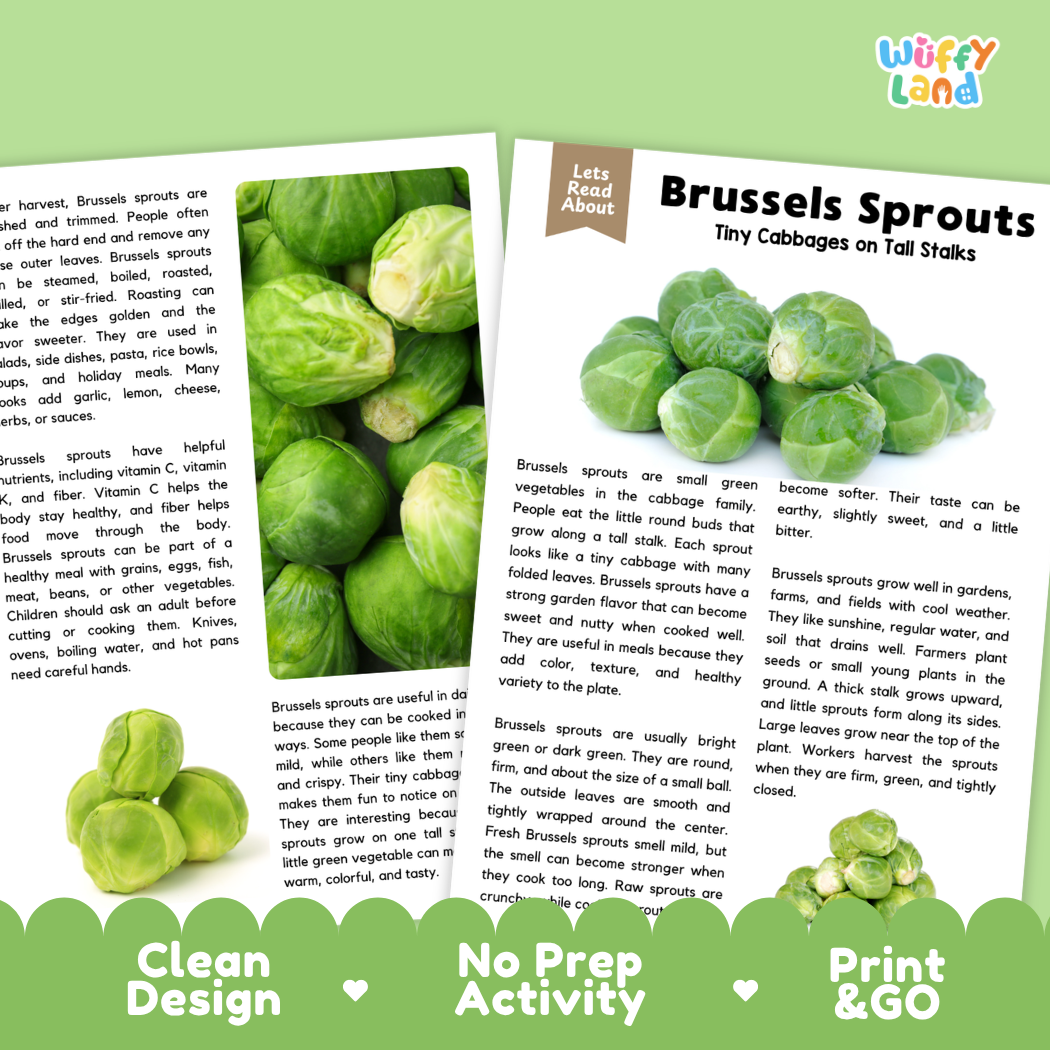 Teacher answer key page showing complete question solutions for Brussels sprouts reading comprehension practice