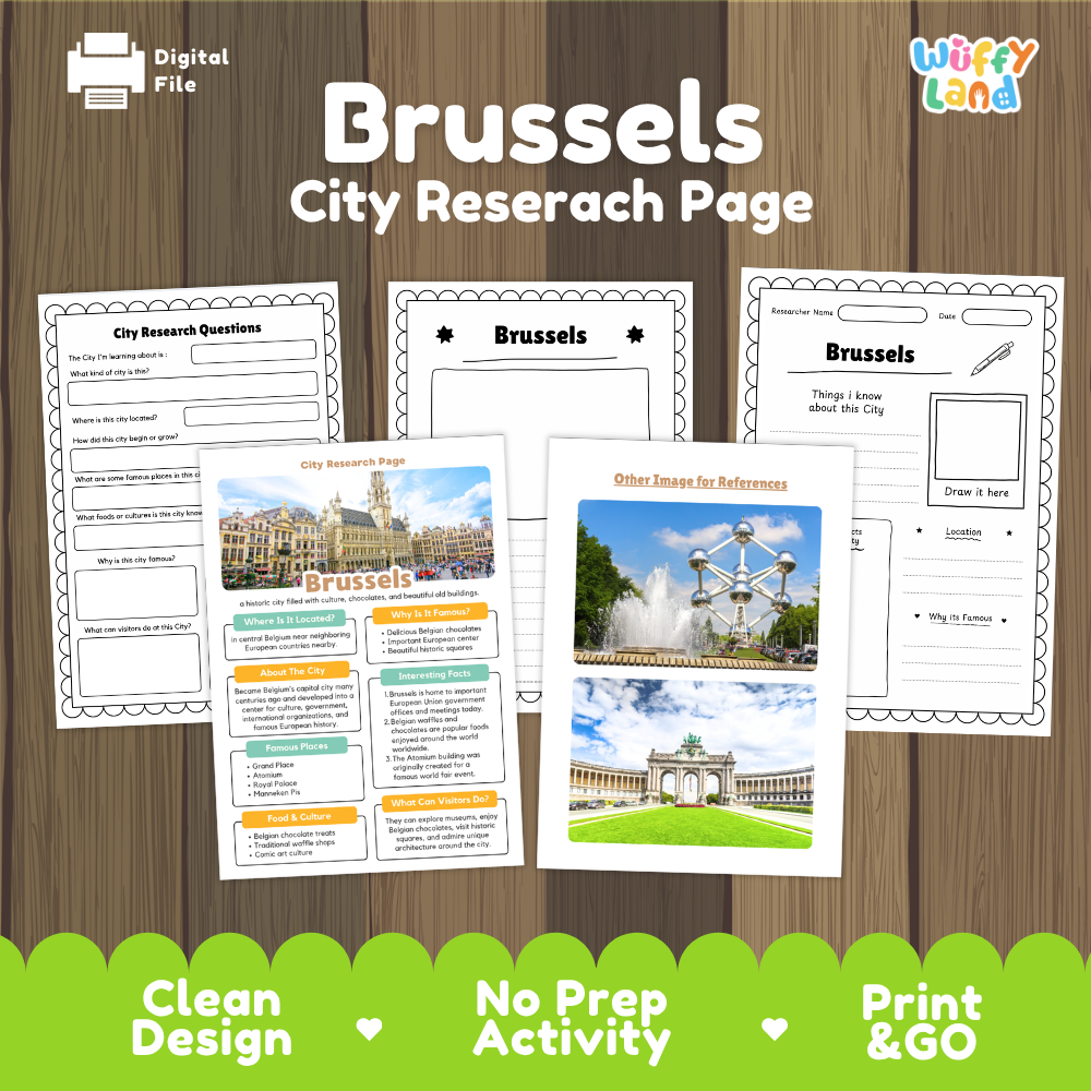 Digital preview of a Brussels city research page activity sheet set by Wiffy Land, displayed on a wood background with promotional text and a green banner at the bottom.