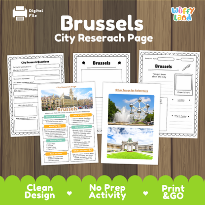 Digital preview of a Brussels city research page activity sheet set by Wiffy Land, displayed on a wood background with promotional text and a green banner at the bottom.