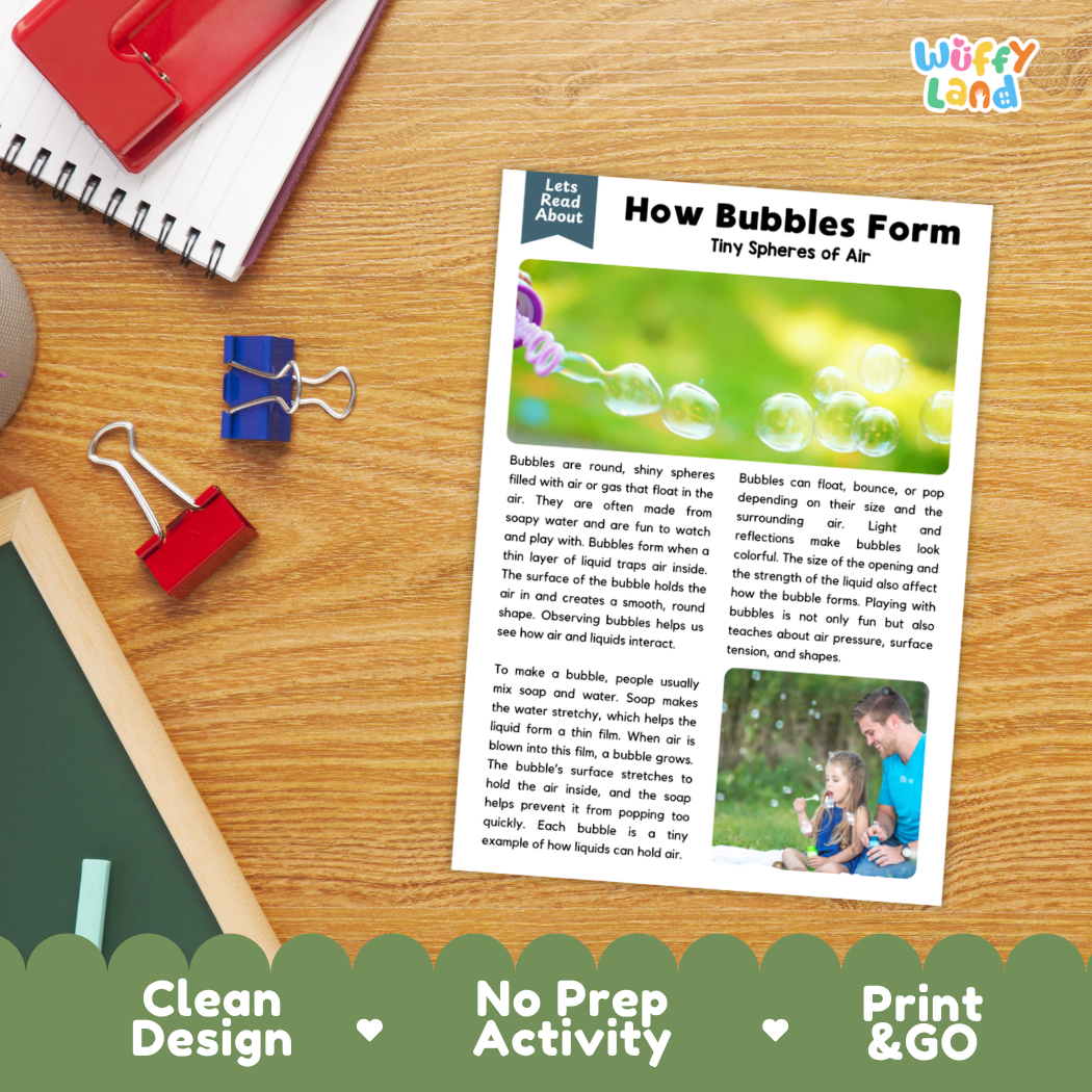 Printable student worksheet with short-answer reading comprehension questions covering bubbles and chemistry