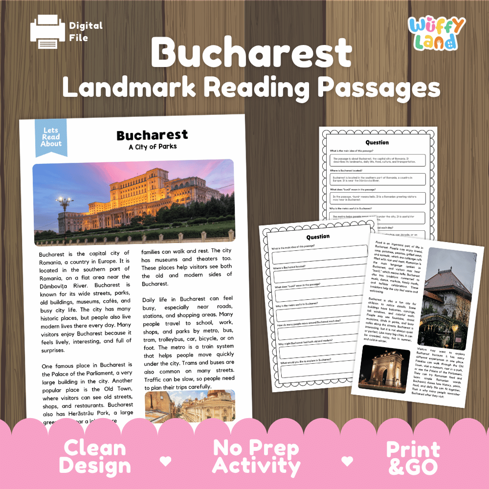 Bucharest landmark reading passage and comprehension worksheet educational unit featuring nonfiction text and authentic Palace of the Parliament Romania photography