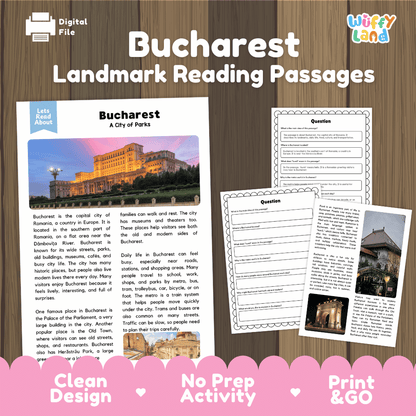 Bucharest landmark reading passage and comprehension worksheet educational unit featuring nonfiction text and authentic Palace of the Parliament Romania photography