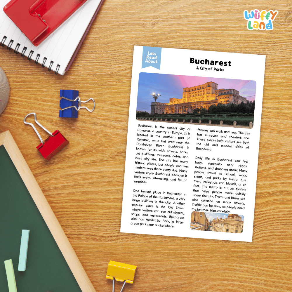 Lined reading comprehension question worksheet covering main ideas vocabulary terms and landmark facts about Bucharest Romania