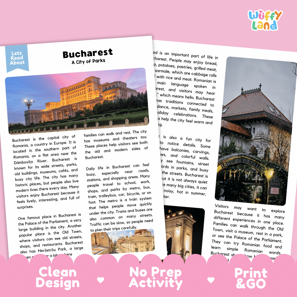 Reference sheet and answer key for Bucharest landmark reading passage displaying completed comprehension answers and European geography facts