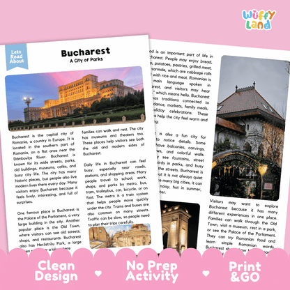 Reference sheet and answer key for Bucharest landmark reading passage displaying completed comprehension answers and European geography facts