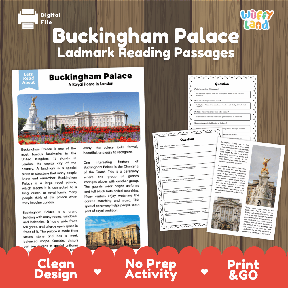 Buckingham Palace Landmark Reading Passages and Comprehension Worksheets