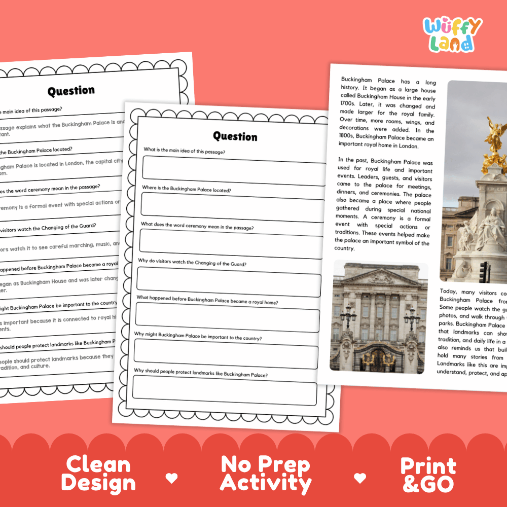 Buckingham Palace Landmark Reading Passages and Comprehension Worksheets