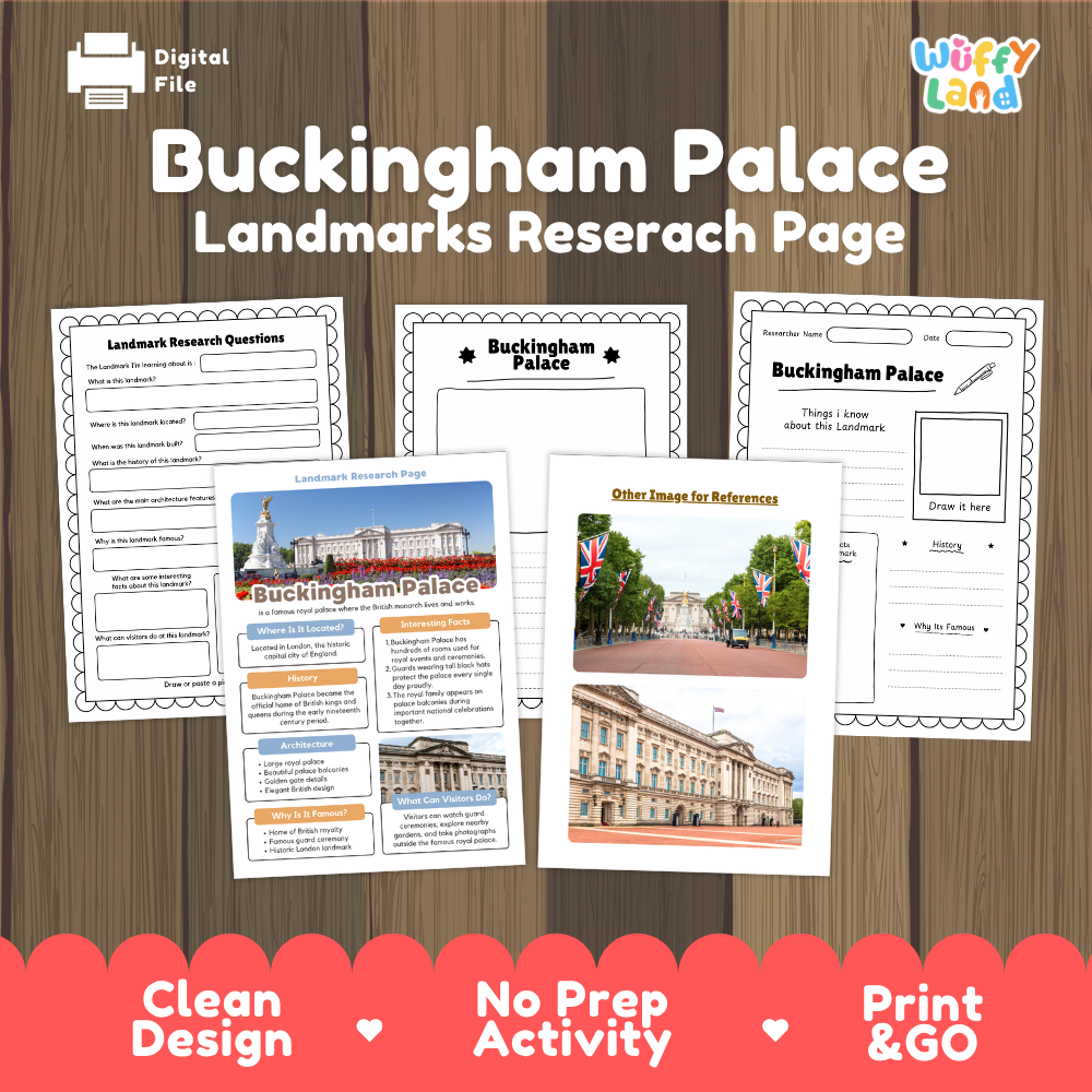 Digital worksheet bundle cover for 'Buckingham Palace Landmarks Researach Page' by Wiffy Land, showing sample printable pages on a wood background with promotional text at the bottom.