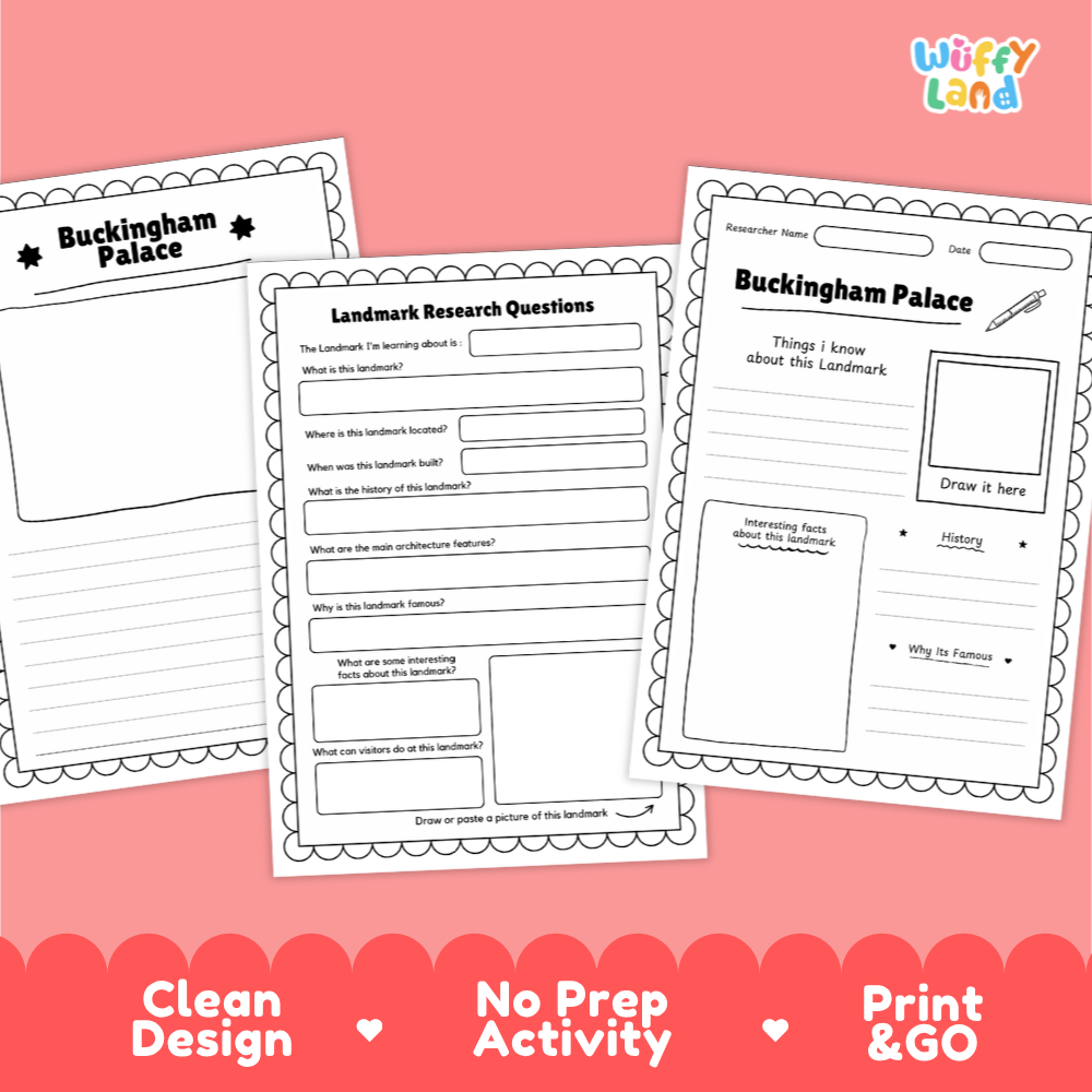 Three printable worksheet pages about Buckingham Palace are shown on a pink background with a red banner at the bottom. The worksheets are white with black text and border lines, and the brand name 'Wiffy Land' appears in the top right corner.