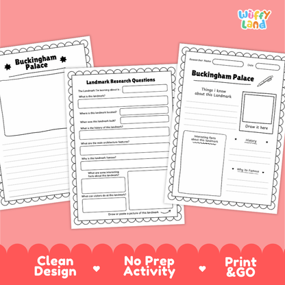 Three printable worksheet pages about Buckingham Palace are shown on a pink background with a red banner at the bottom. The worksheets are white with black text and border lines, and the brand name 'Wiffy Land' appears in the top right corner.