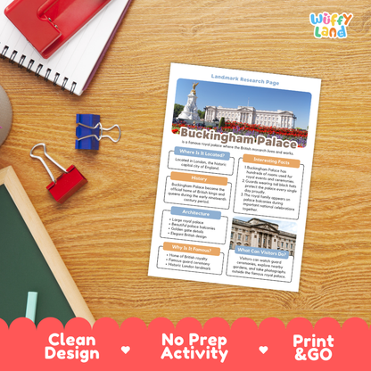 An educational activity sheet titled 'Buckingham Palace Landmark Research Page' displayed on a wooden desk with school supplies. The sheet features a colorful illustration of Buckingham Palace, text sections, and small building photos.
