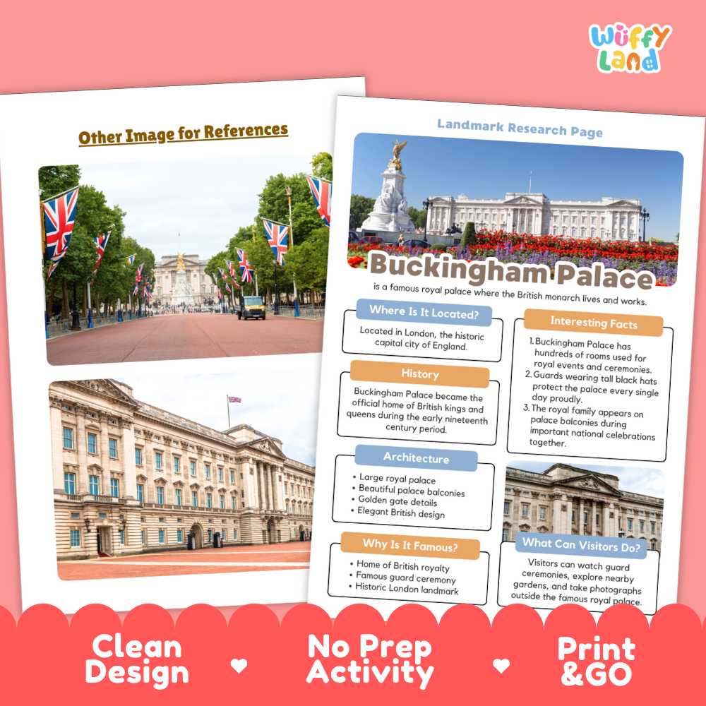 A printed educational poster about Buckingham Palace shown on a white background with a pink header and a red banner at the bottom. The poster includes text sections, flags, and a large palace photo.