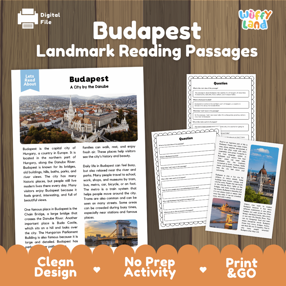 Budapest landmark reading passage and comprehension worksheet educational unit featuring nonfiction text and authentic Hungarian architecture photography