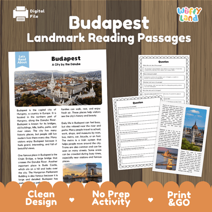 Budapest landmark reading passage and comprehension worksheet educational unit featuring nonfiction text and authentic Hungarian architecture photography