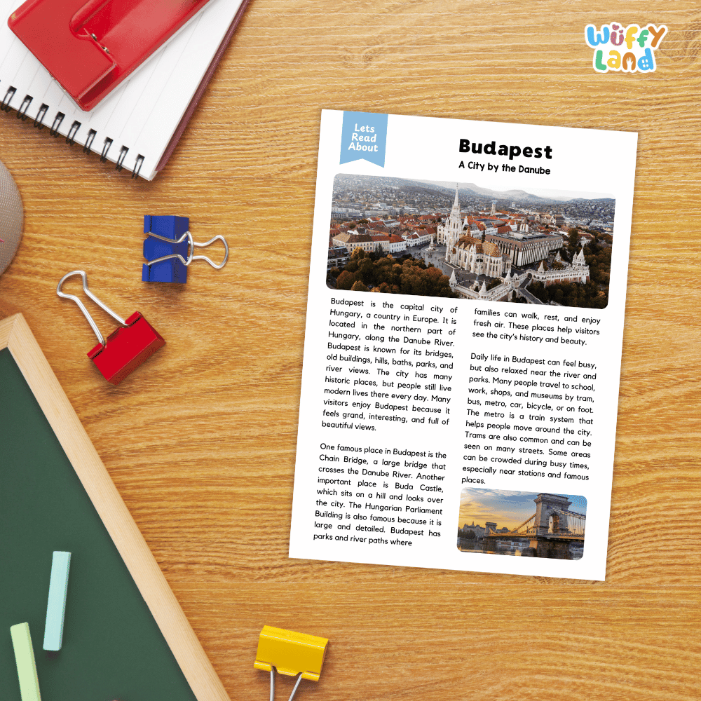 Lined reading comprehension question worksheet covering main ideas vocabulary terms and landmark facts about Budapest Hungary