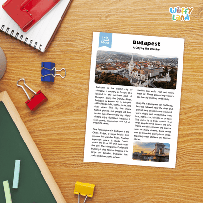 Lined reading comprehension question worksheet covering main ideas vocabulary terms and landmark facts about Budapest Hungary
