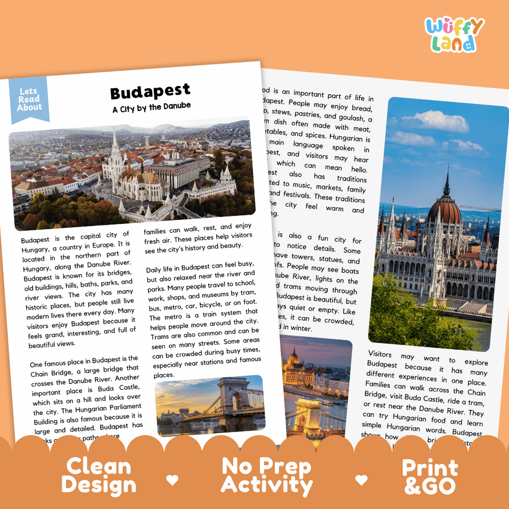 Reference sheet and answer key for Budapest landmark reading passage displaying completed comprehension answers and European geography facts