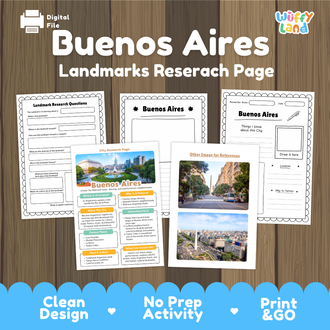 Digital preview of a printable educational activity sheet set titled 'Buenos Aires Landmarks Research Page' on a wood background, showing several worksheet pages and a city landmarks poster. Brand logo 'Wiffy Land' appears in the top right.