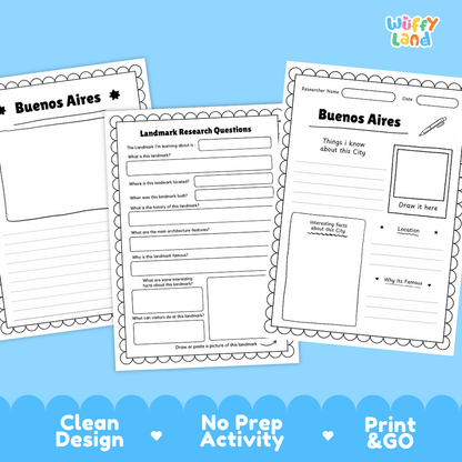 Three printable Buenos Aires activity worksheets from Wiffy Land are displayed on a light blue background with decorative scalloped borders and feature text highlighting 'Clean Design', 'No Prep Activity', and 'Print & GO'.