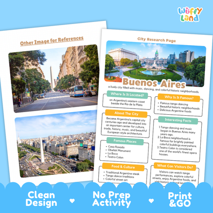 Two printed educational travel posters about Buenos Aires are shown on a light gray background. One poster features a scenic photograph of the city, and the other is a text-based city research page with colorful headings.
