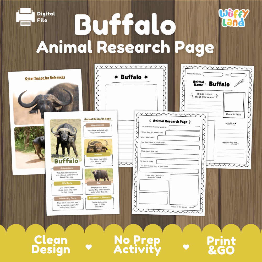 Digital preview of a Buffalo Animal Research Page activity sheet set by Wiffly Land, displayed on a wood background with promotional text and sample worksheet pages.