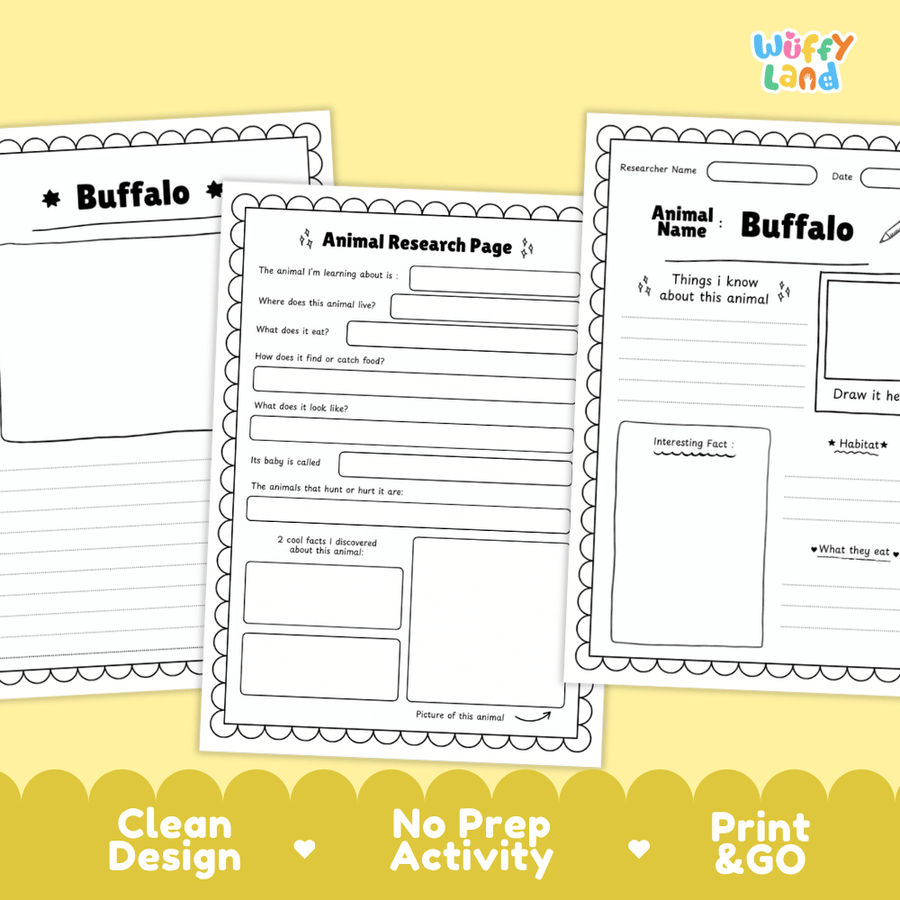 Three printable buffalo-themed worksheet pages are shown on a pale yellow background with a decorative yellow banner at the bottom. The pages include fields for animal research, name writing, and drawing, with the brand name 'Wiffy Land' visible in the top right.